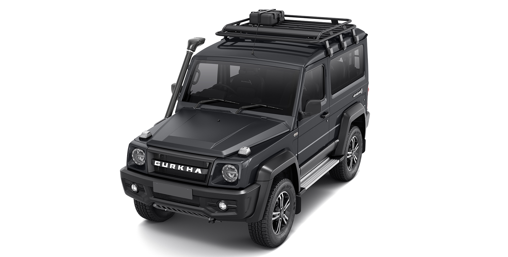 Grey Colour Gurkha 4x4x4 off road car with Roof Carrier